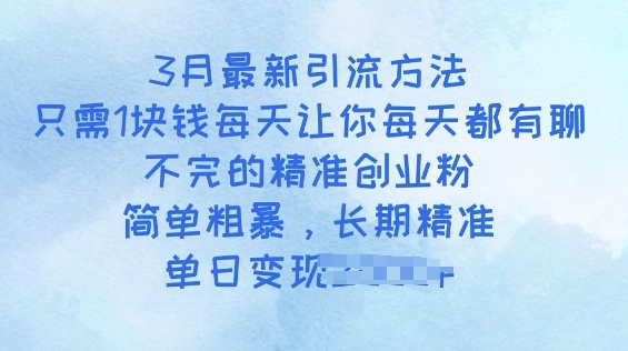 3月最新引流方法，只需1块钱每天让你每天都有聊不完的精准创业粉，简单粗暴，长期精准-掘金啦网创