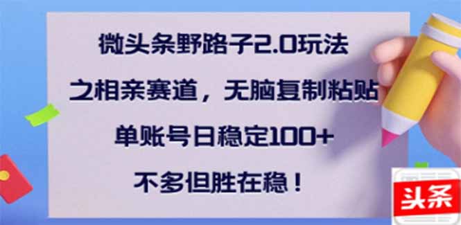 （14334期）微头条野路子2.0玩法之相亲赛道，无脑搬砖复制粘贴，单账号日稳定300+…-掘金啦网创